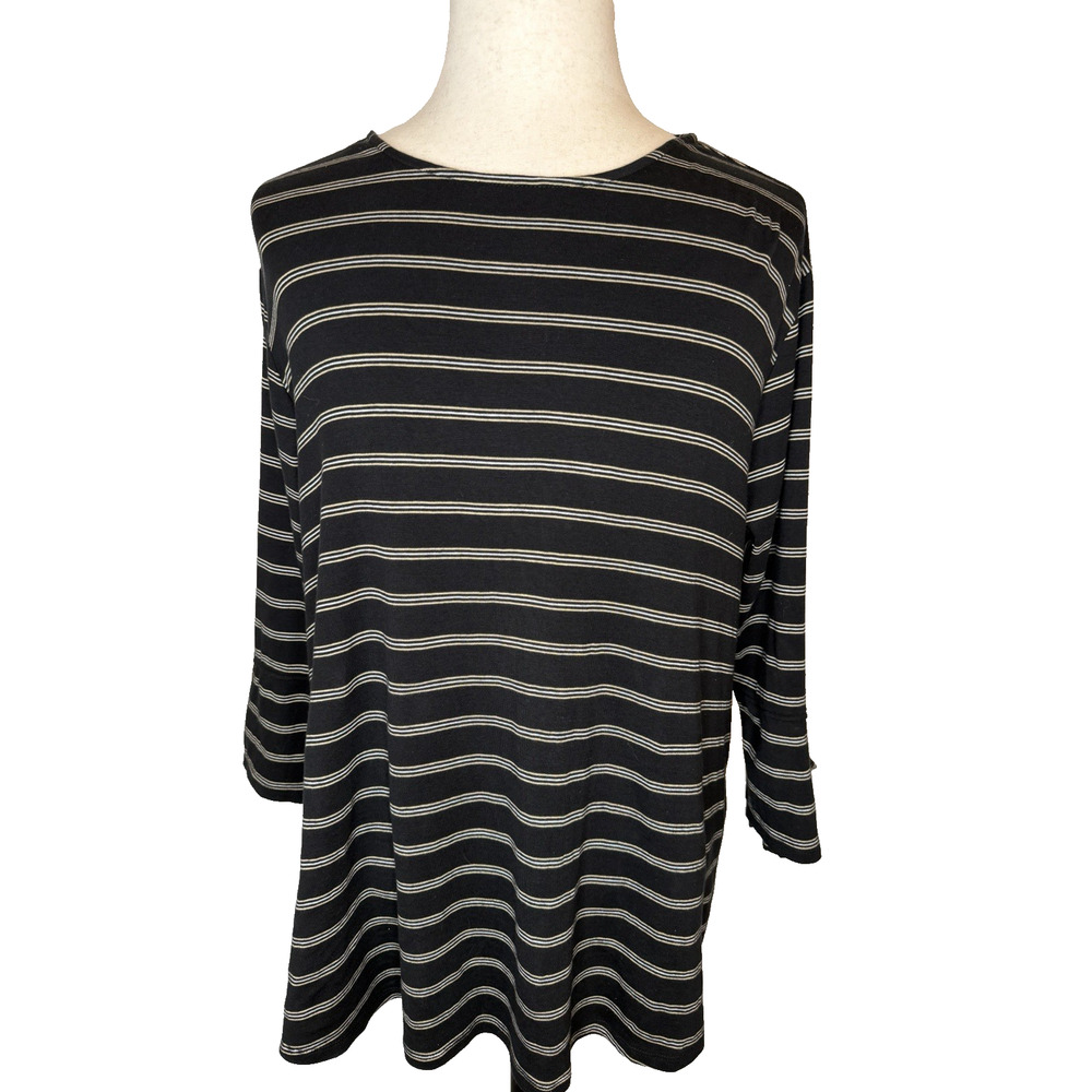 J Jill Women’s Pima Tie Sleeve T-Shirt Size 3X Black With Stripes 3/4 Sleeves